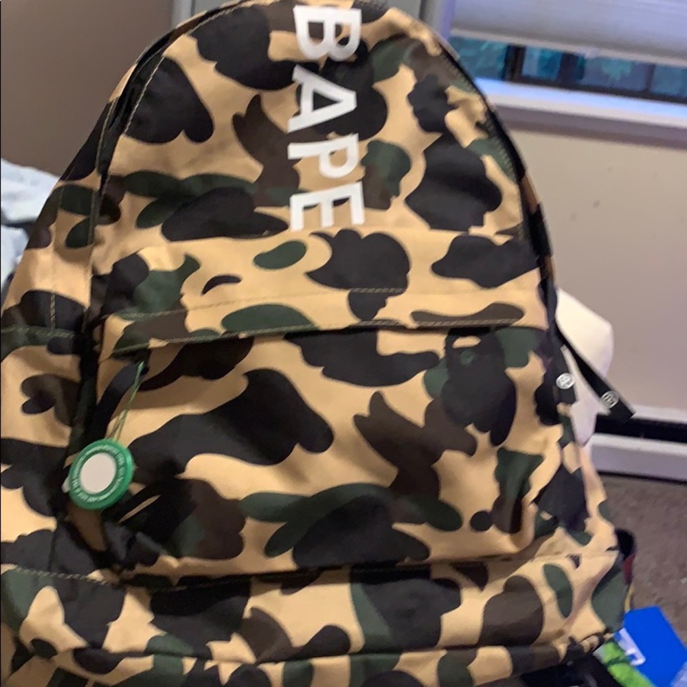 camo bape backpack with bape doppy keychain